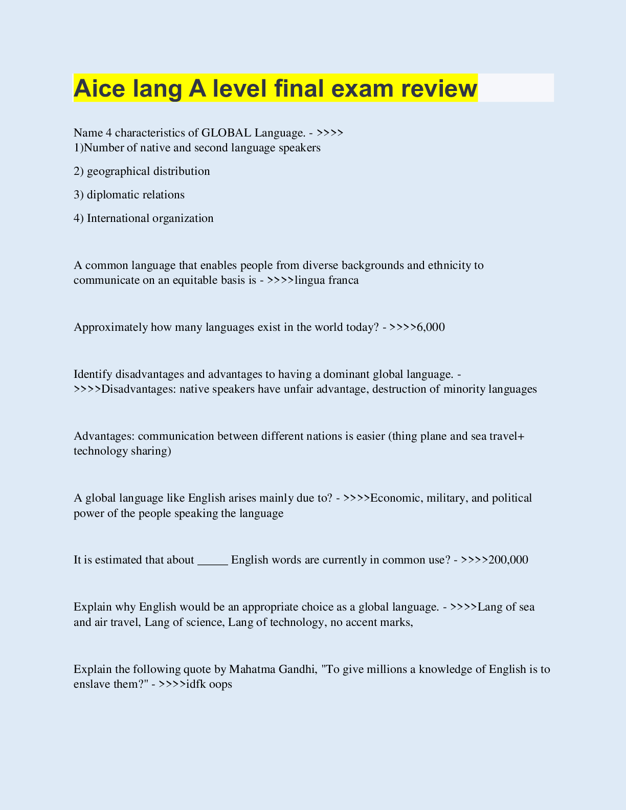 Preview image for Aice lang A level final exam review  | 60 Questions with 100% Correct Answers | Updated & Verified